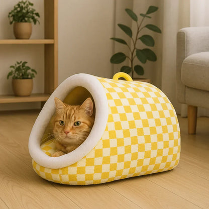 Soft Plush Pet Bed | Cozy Anti-Anxiety Cat & Dog Cave | Checkered Design